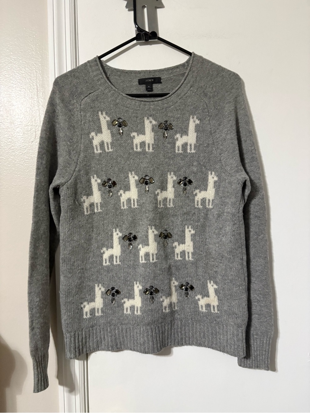 J. Crew Gray Llama Embellished Crewneck Sweater Medium 100% wool